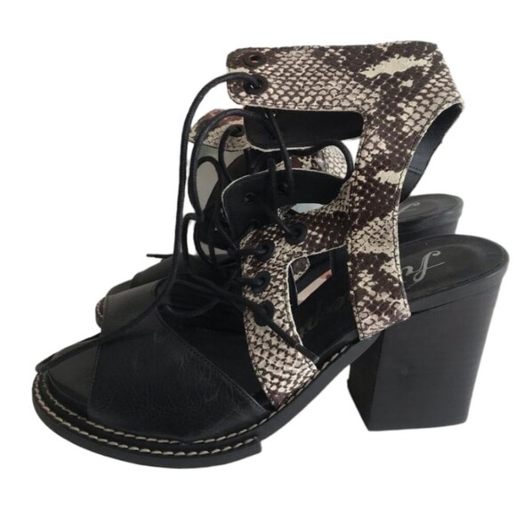 Free People Snake Print Lennon Leather Sandal Block Heel Lace Up Cutout 39 - Picture 5 of 8
